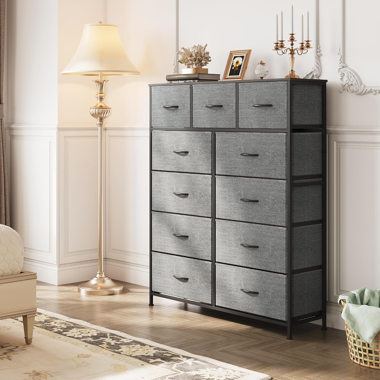 Storage Organizer Unit with 11 Fabric Bins, Storage Drawers Organizer with Steel Frame, Tall Storage Tower Organizaton