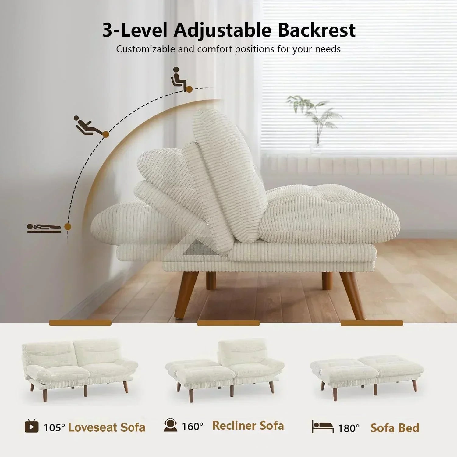 Convertible Futon Sofa Bed 66 Inch Corduroy Futon Sofa Recliner Sofa Bed for Small Spaces