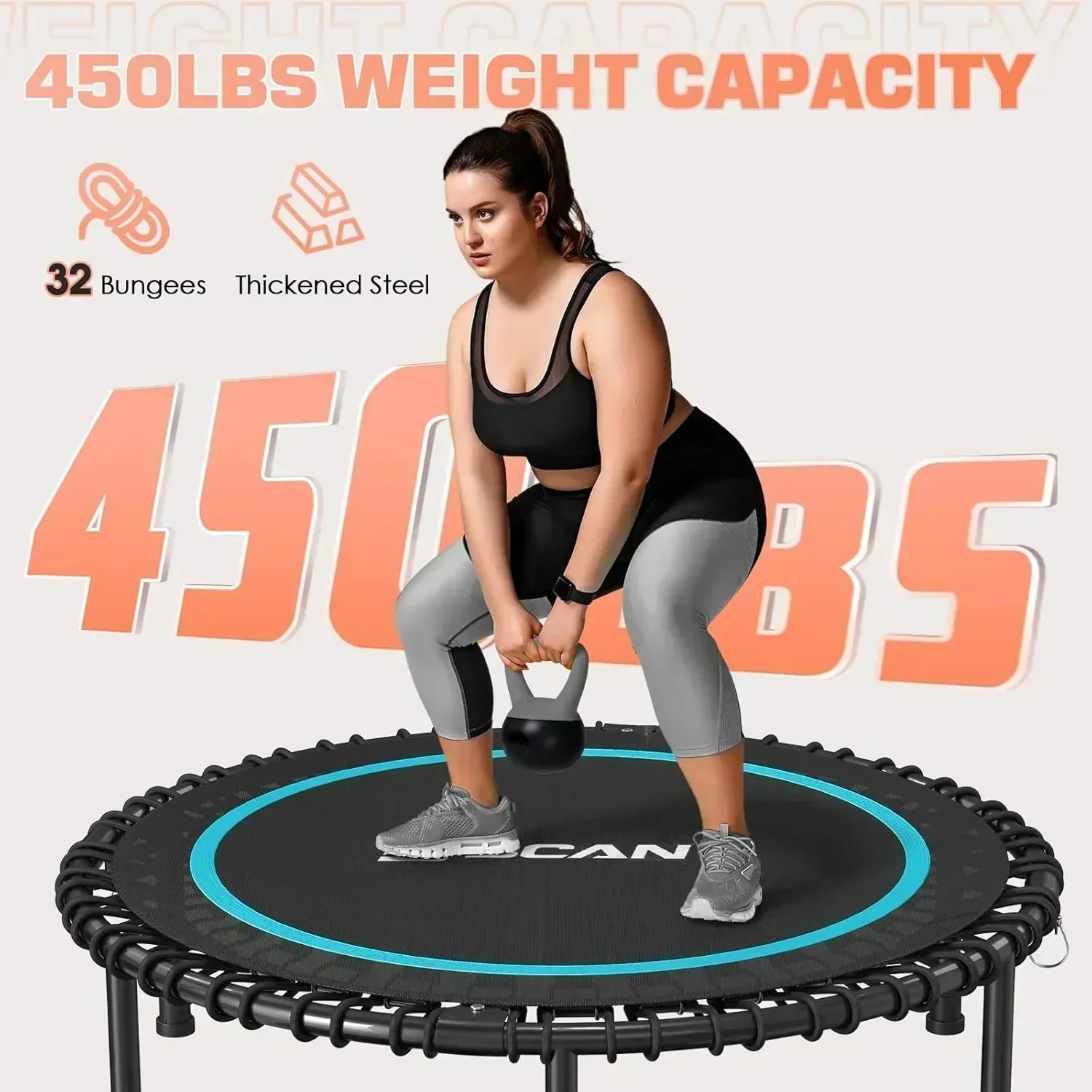 BCAN 450/550 LBS Foldable Mini Trampoline Fitness Trampoline Bungees Adjustable Foam Handle