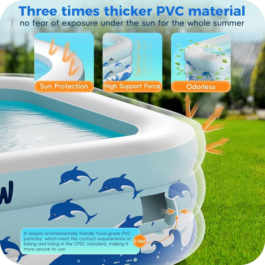 Inflatable Swimming Pool with Seats, 130 x 72 x 22 Full-Sized Durable PVC Thickened Above Ground Family Blow Up Pool for Outdoor Summer Water Party Backyard Garden Lawn
