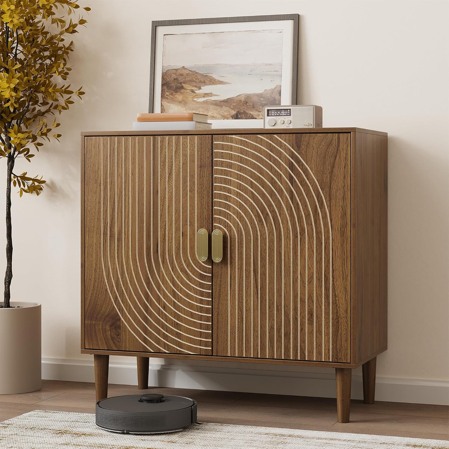 Walnut sideboard, freestanding dining cabinet with cable channel design, wooden storage cabinet with adjustable shelves