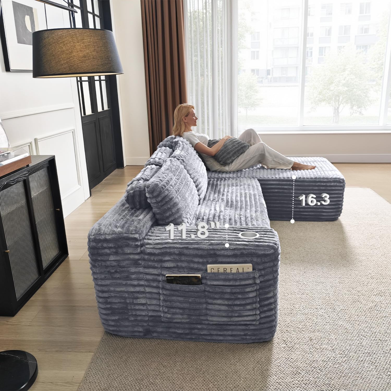 Cloud section sofa with L-shaped recliner modern modular sofa built-in cup holder
