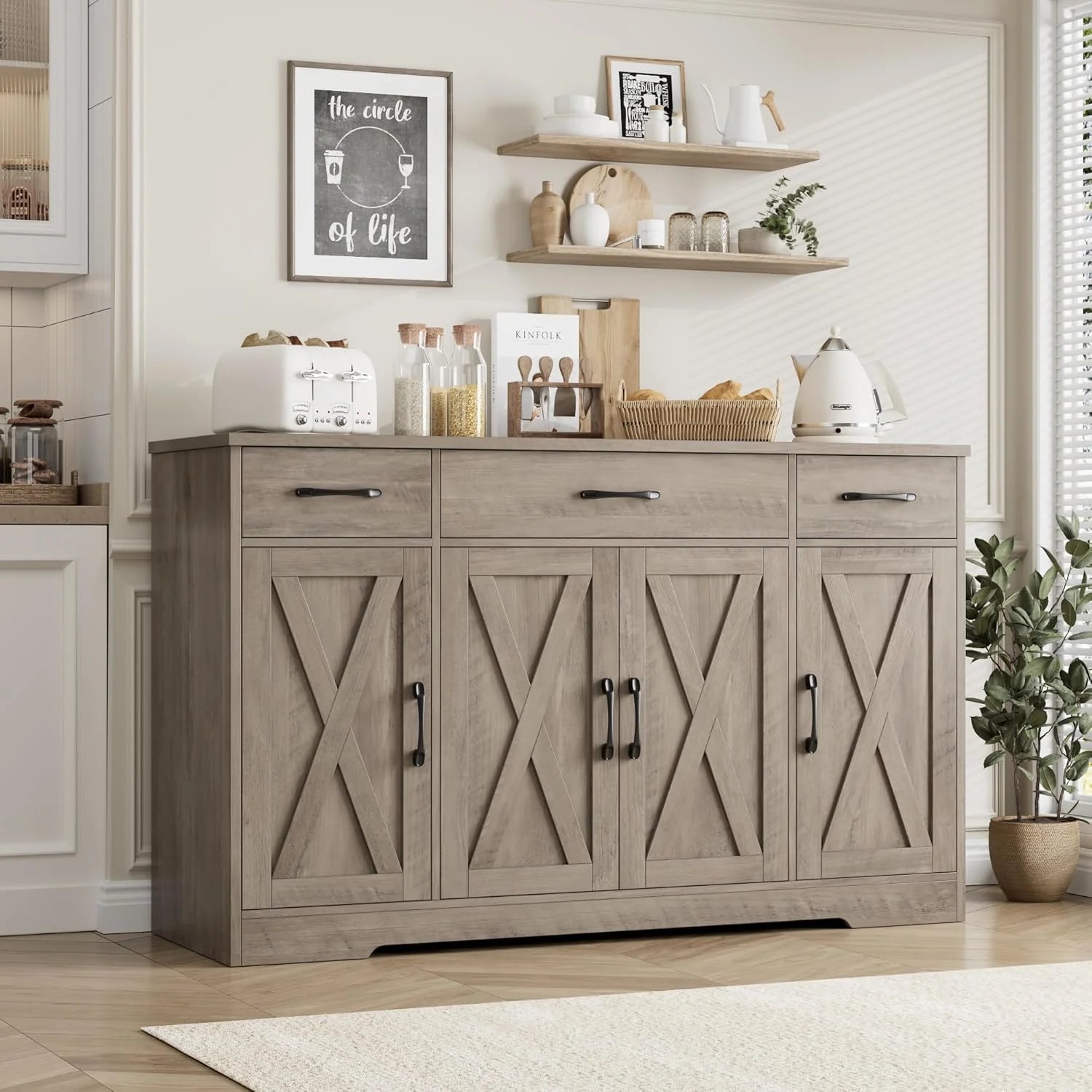 Sideboard with drawers, large 55-inch sideboard, sideboard storage with shelves and doors, modern farmhouse coffee bar wood kitchen dining table