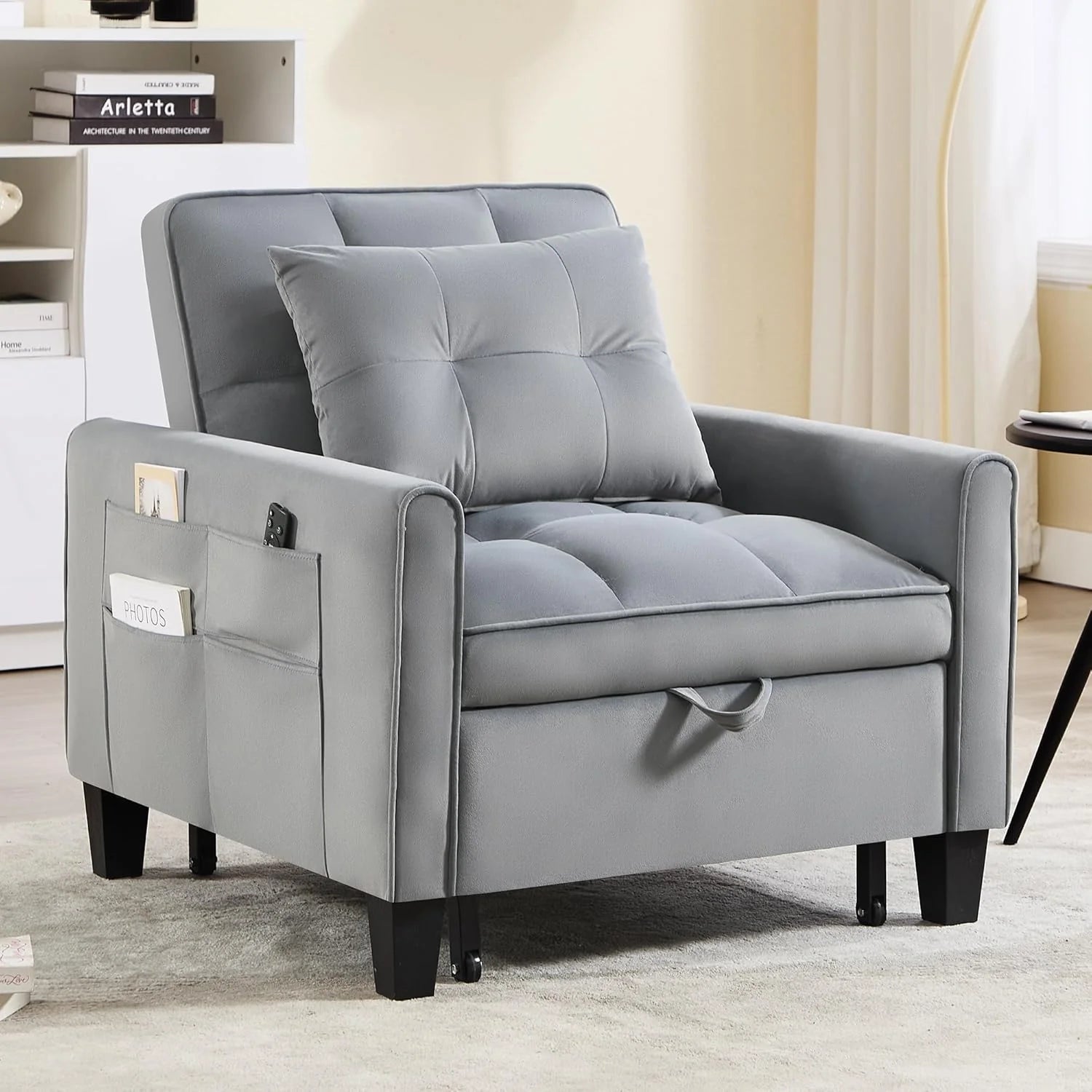 Convertible Sleeper Chair, 3 in 1 Sleeper Chair Bed Pull Out Sofa Bed Chairs, Velvet Single Sofa with Adjustable Backrest
