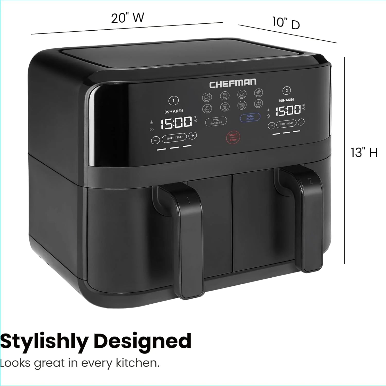 Chefman 6-Quart Dual Basket Air Fryer - Digital Touchscreen, Smart Sync Finish, High-Frying, Auto-Off, 2 Independent 3-Quart Nonstick Pans, Dishwasher-Safe Baskets