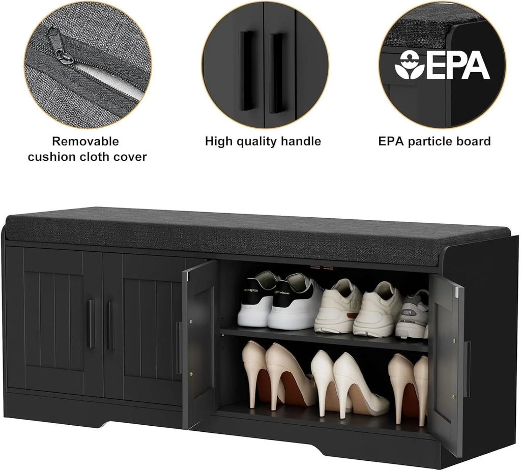 2-Tier Storage Bench, Shoe Bench with Thickened Padded Seat Cushion, Entryway Bench with 4 Doors, Adjustable Shelf