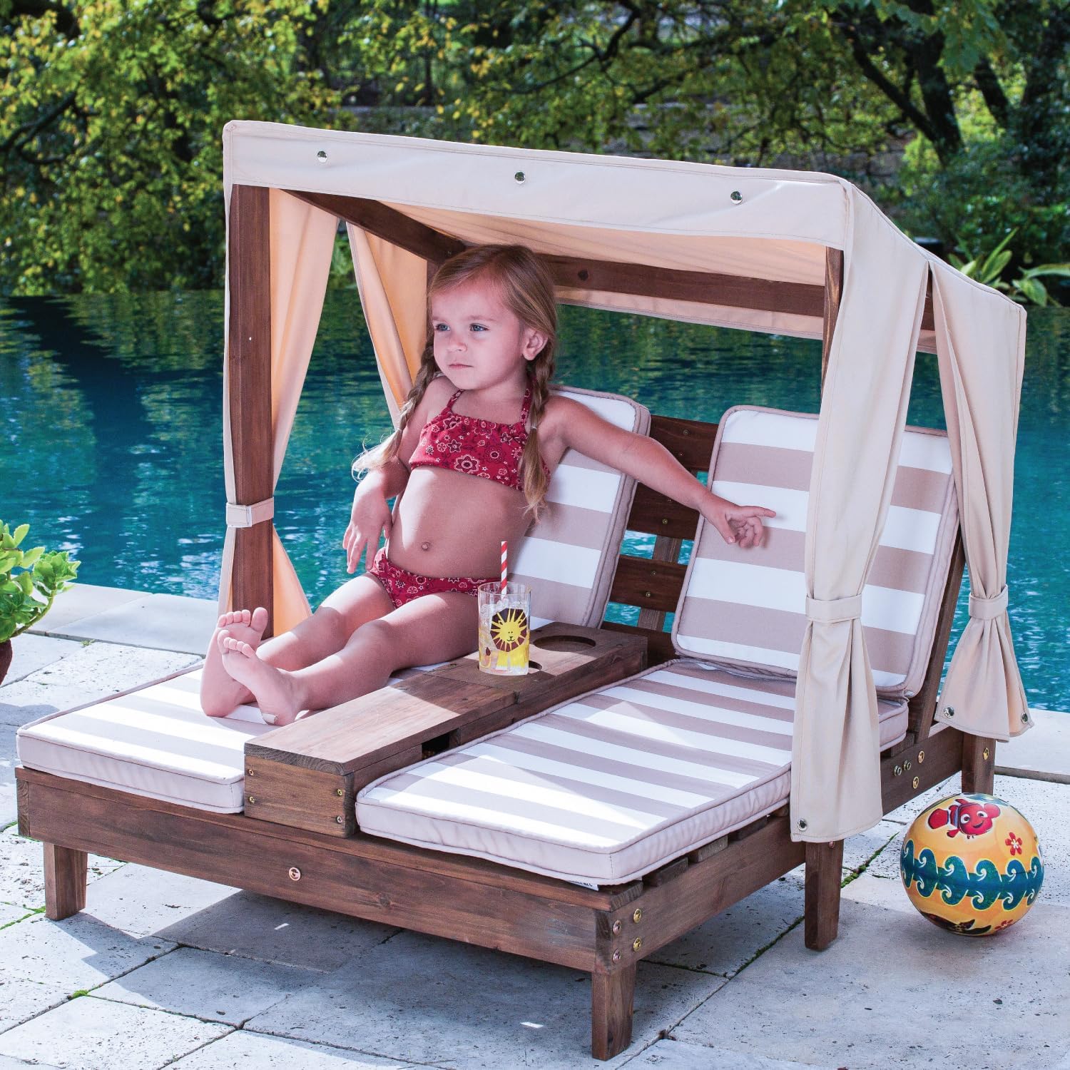 KidKraft Wooden Outdoor Double Chaise Lounge with Cup Holders, Kid's Patio Furniture, Honey with Navy and White Striped Fabric, Gift for Ages 3-8