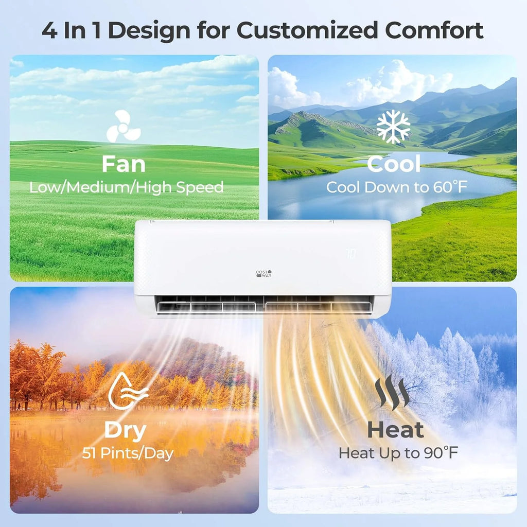 COSTWAY 12000BTU Mini Split Air Conditioner& Heater, 20 SEER2 115V Wall-Mounted Ductless AC Unit Cools Rooms up to 750 Sq. Ft, Energy Efficient Inverter AC with Heat Pump (Blast Series)