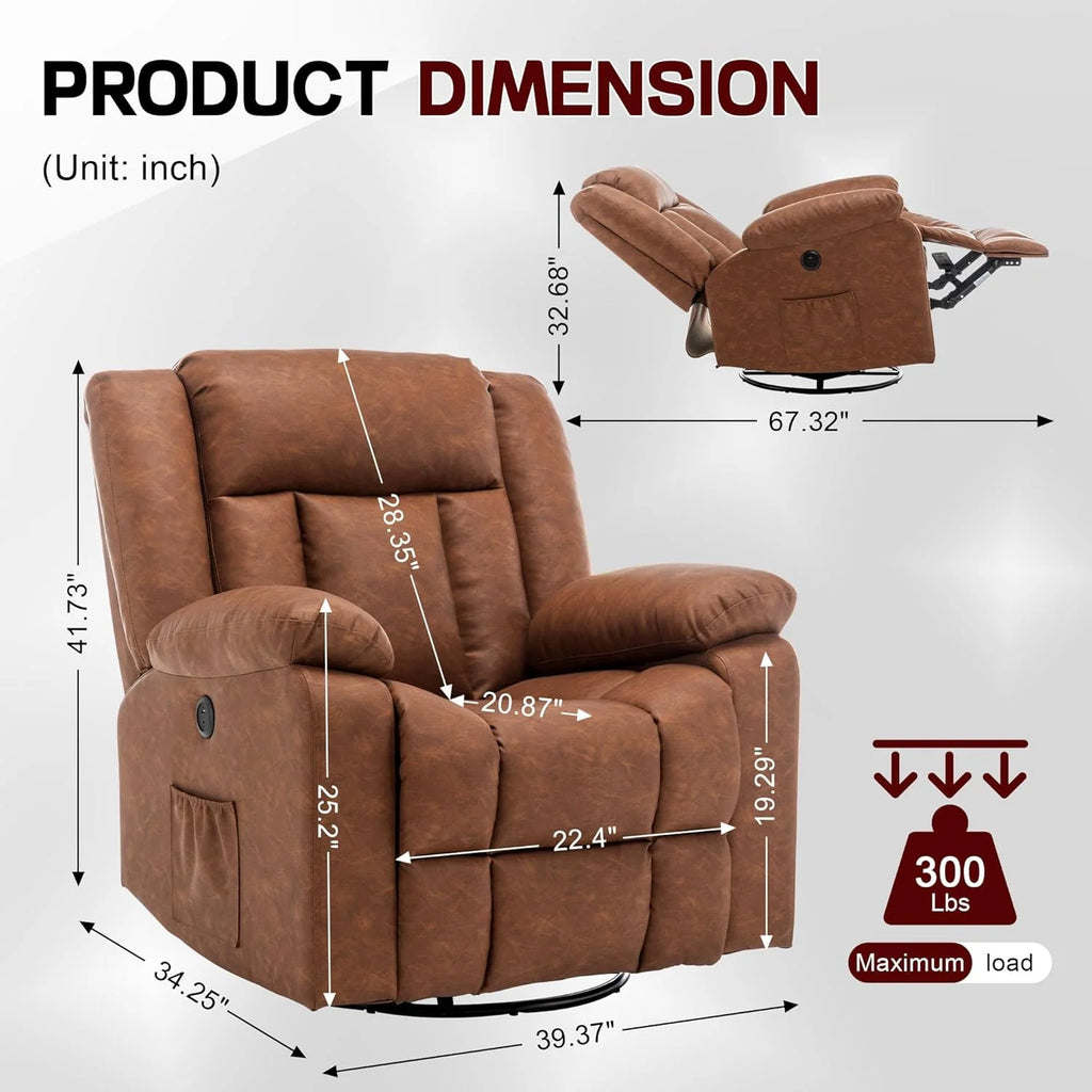 Adult rocking chair, gliding recliner, 360° rotating rocking chair with massage and heating function