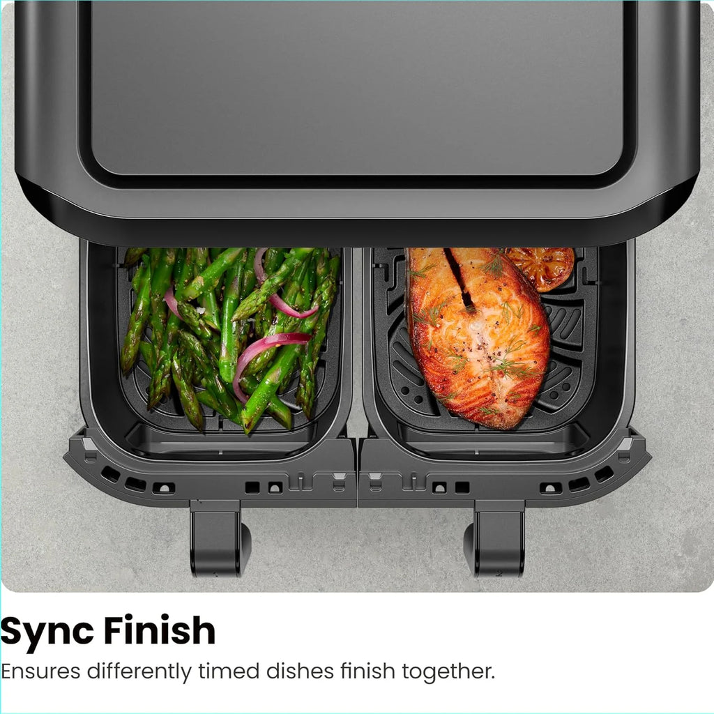 Chefman 6 Quart Dual Basket Air Fryer - Digital Touchscreen, Smart Sync Finish, Hi-Fry, Auto Shutoff, 2 Independent 3QT Nonstick Dishwasher-Safe Frying Baskets - Digital Double Air Fryer - Black