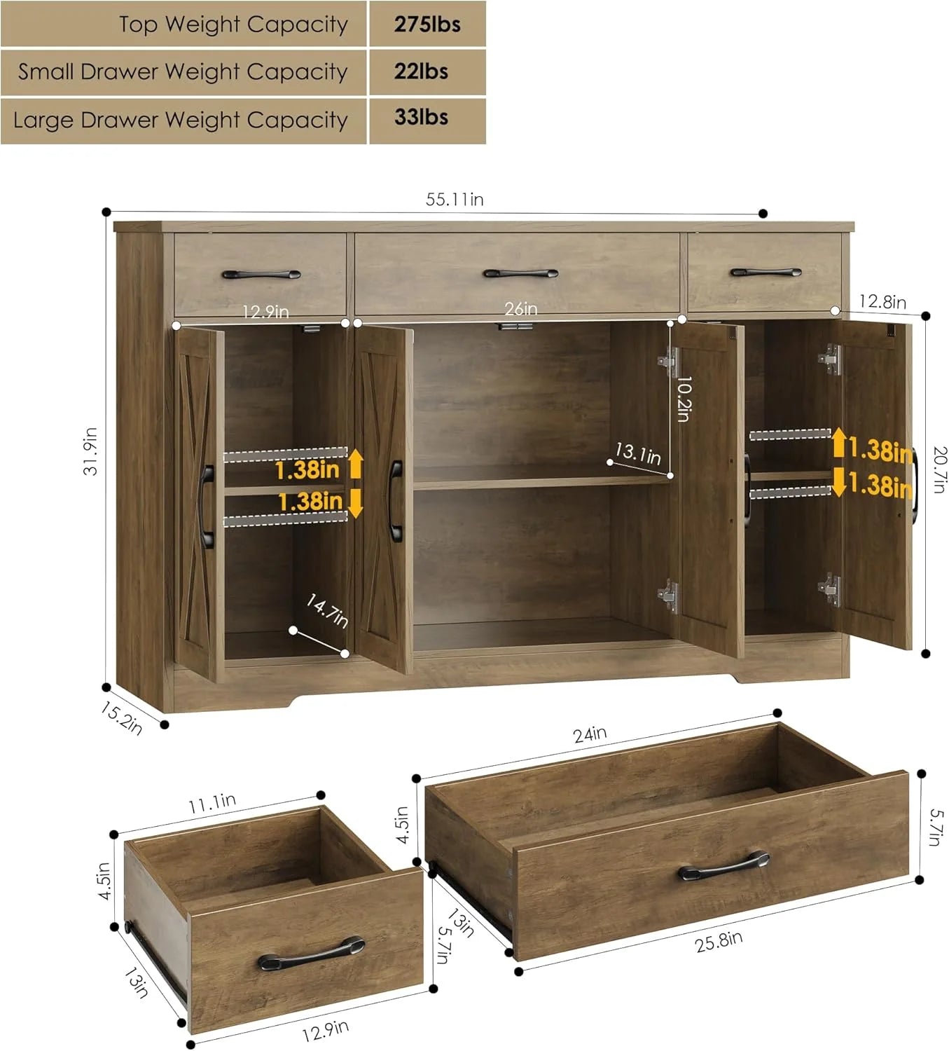 HOSTACK Buffet Cabinet with Drawers, 55 Large Sideboard Buffet Storage Cabinet with Shelves and Doors, Modern Farmhouse Coffee Bar Station Wood Kitchen Table for Kitchen, Dining Room, White/Rustic
