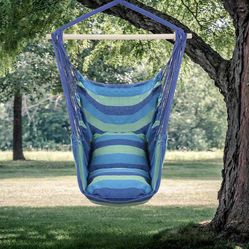 ONCLOUD Hammock Chair Hanging Rope Swing, Load Capacity Up to 550 LBS Macrame Hammock Swing Seat with Two Cushions, Hammock Seats with Portable Steel Spreader Bar for Indoor/Outdoor, Black
