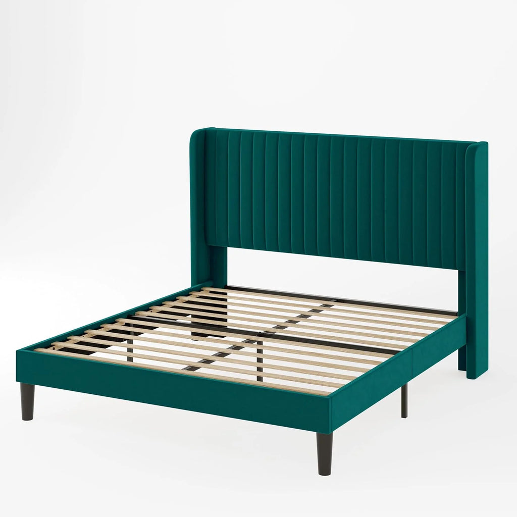 Allewie Full Size Velvet Bed Frame Vertical Channel Tufted Wingback Headboard Upholstered Bed