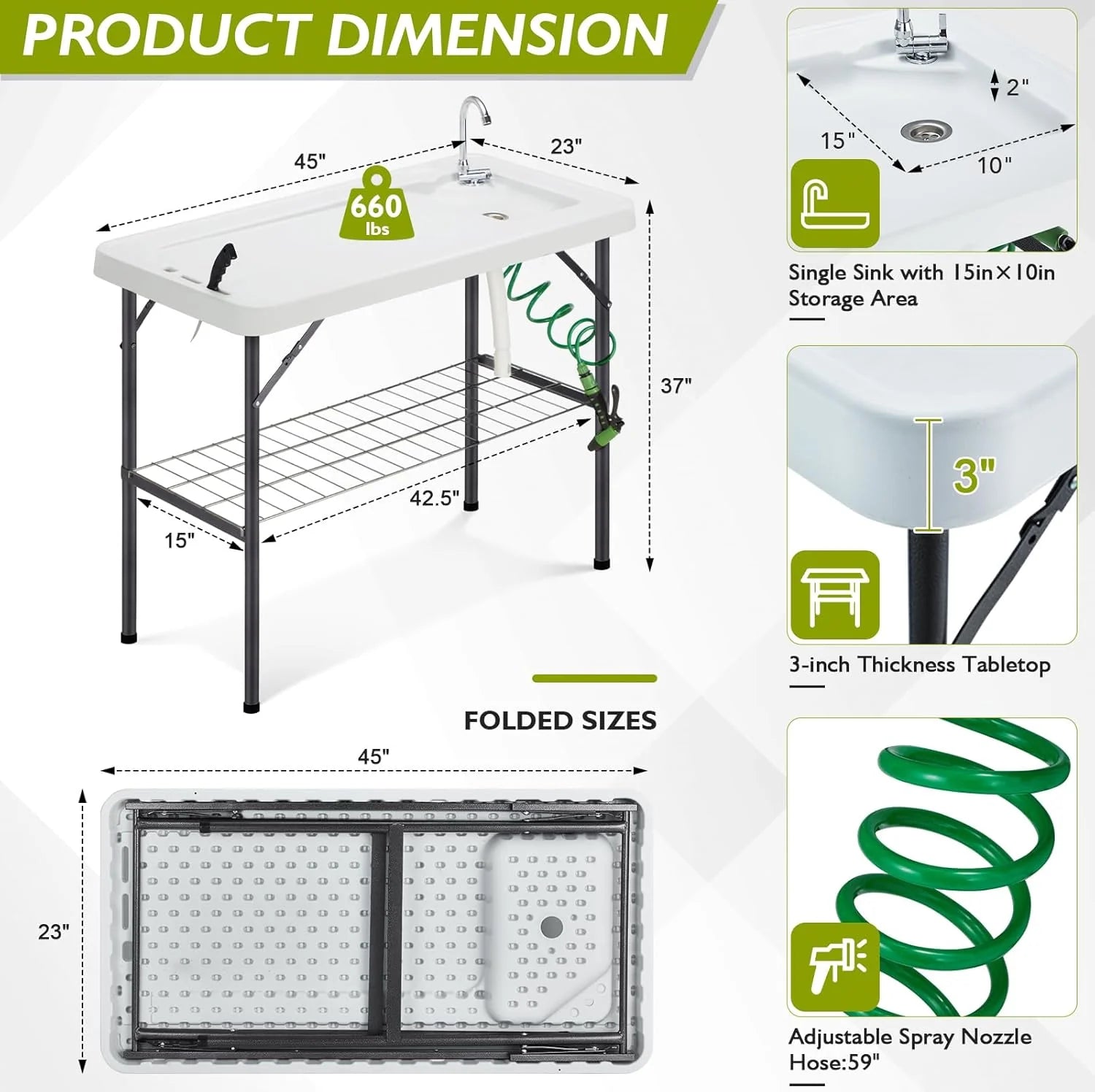 Folding Fish Cleaning Table Portable Camping Sink Table with Faucet Drain Hose and Sprayer Outdoor Fish Fillet Cleaning Station