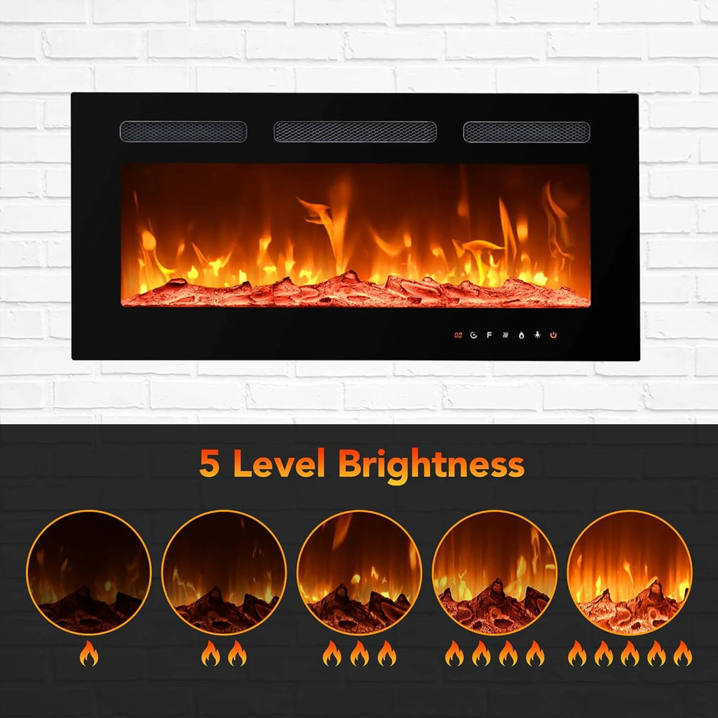 EUHOMY 50 Inch Electric Fireplace Wall Recessed and Wall Mounted with Adjustable Flame Color, Fireplace Heater with Remote Control, Linear Fireplace with Timer, Touch Screen, Log & Crystal, 750/1500W