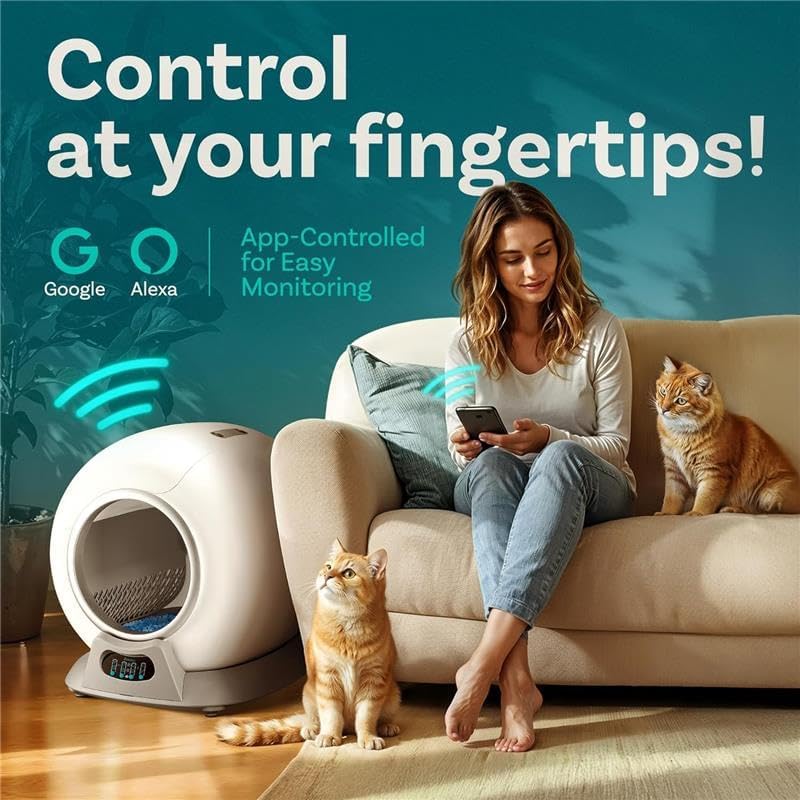 Self Cleaning Litter Box with Auto Safety Sensors for Multiple Cats - Automatic Cat Litter Box Self-Cleaning - Covered Odor Removal with APP Control - Compatible On All WiFi
