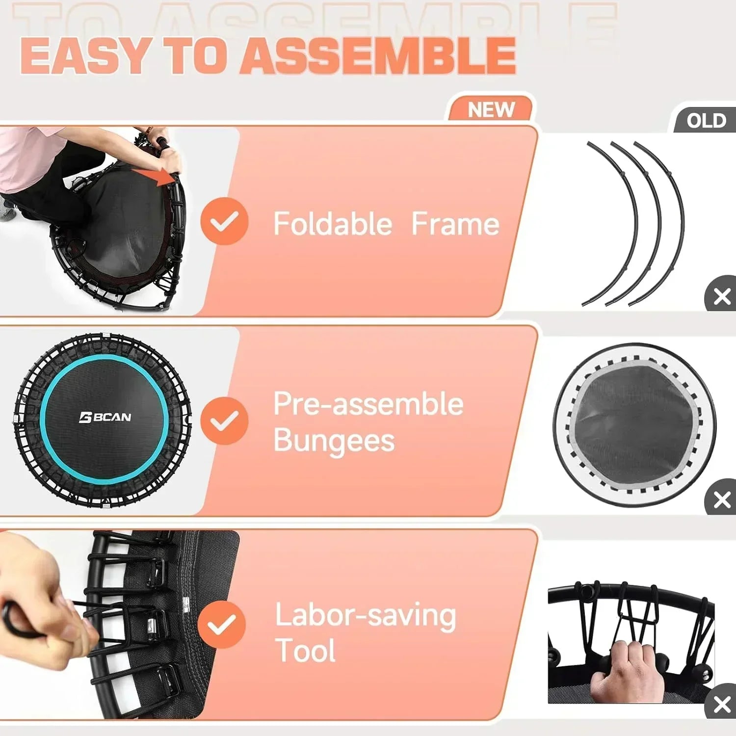 BCAN 450/550 LBS Foldable Mini Trampoline Fitness Trampoline Bungees Adjustable Foam Handle