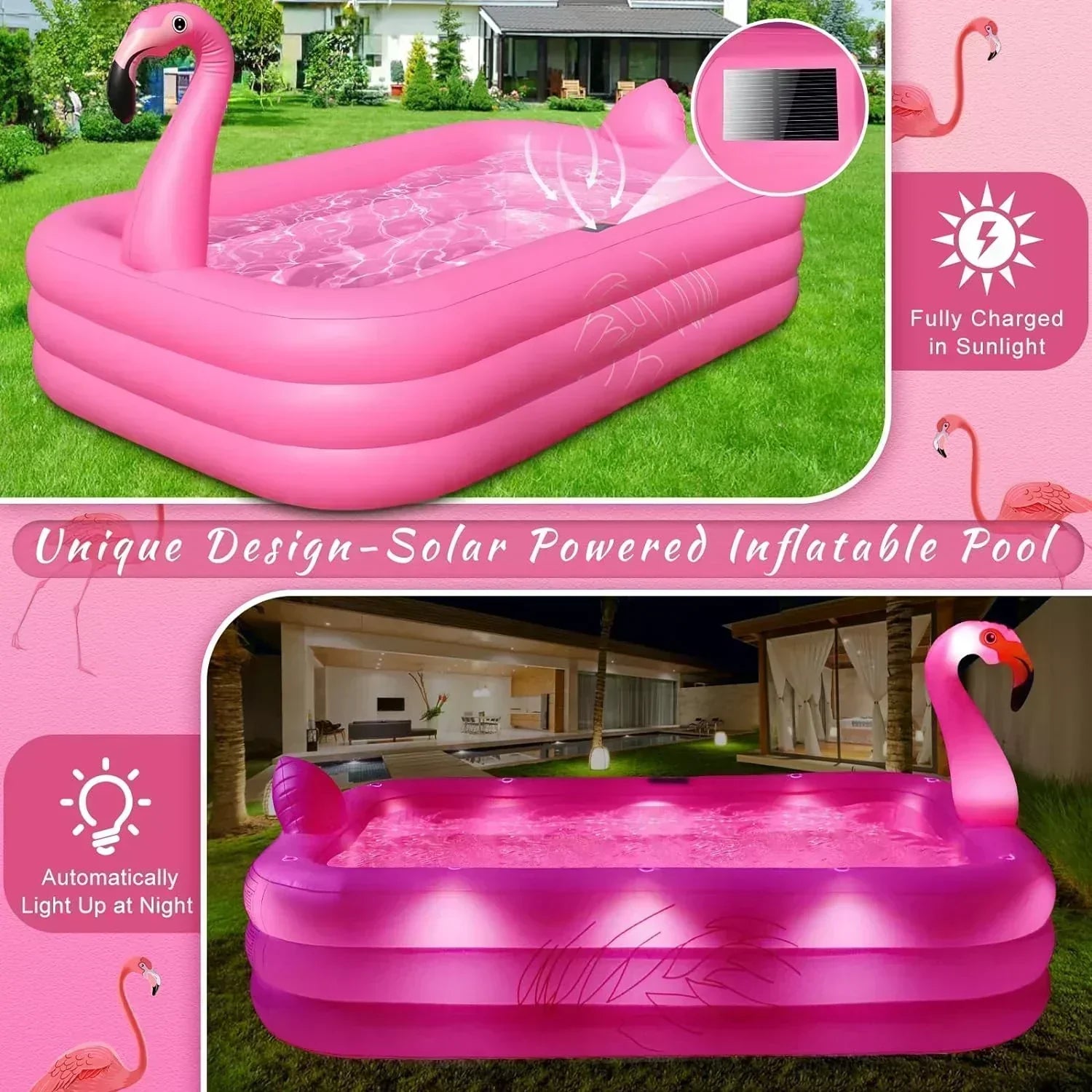 Inflatable Pool with Lights Solar Flamingo Swimming Pool for Kids Adults Inflatable Blow up Pool