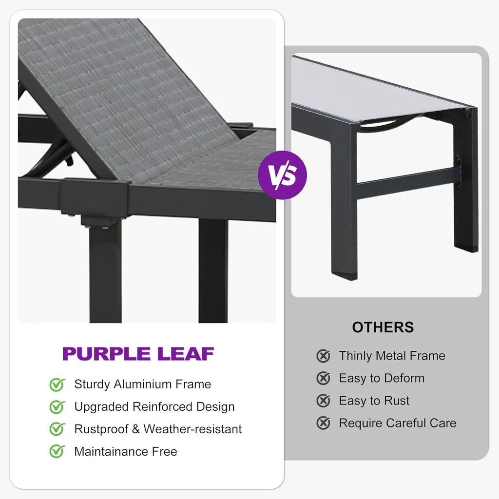 PURPLE LEAF Patio Tanning Lounge Chair Set with Face Down Hole Outdoor Aluminum Adjustable Reclining Chairs Wheels Pillows and Table for Poolside Beach Sunbathing Lounger, Beige