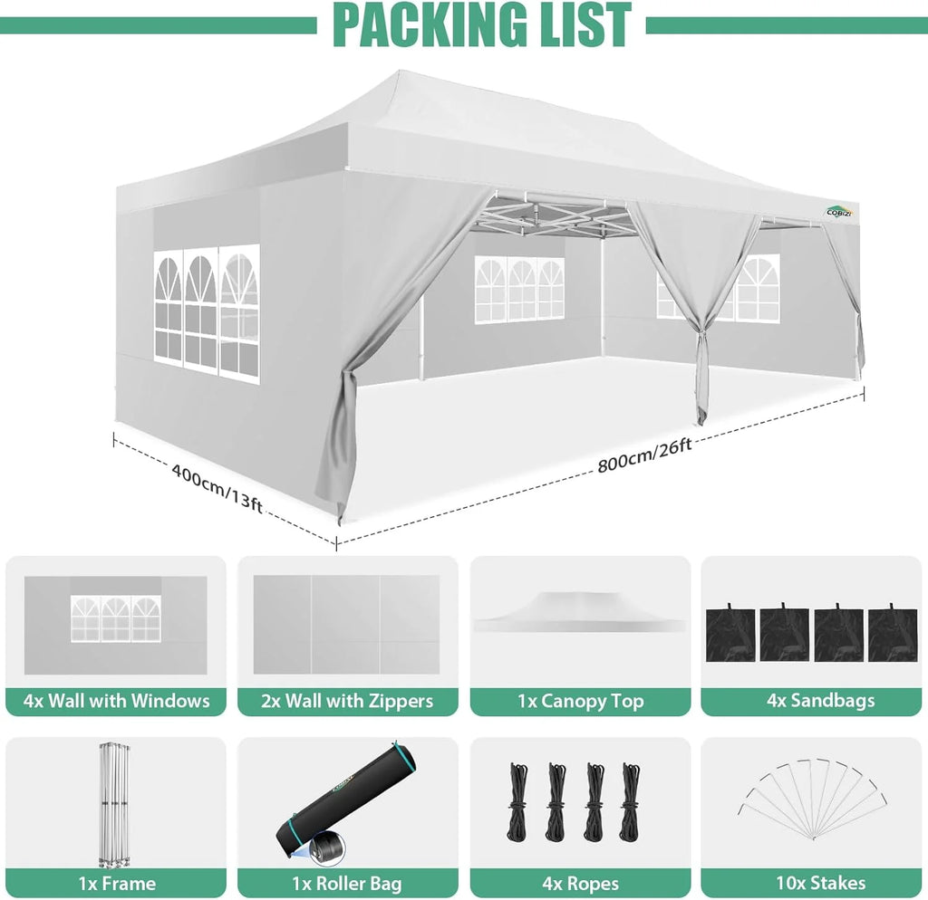 COBIZI 10x20 Heavy Duty Pop up Canopy Tent with 6 sidewalls Easy Up Commercial Outdoor Canopy Wedding Party Tents for Parties All Season Wind & Waterproof Gazebo with Roller Bag,Black(Frame Thickened)