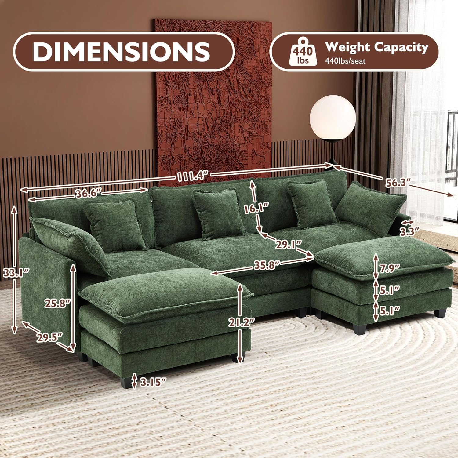 111.4 Inch L Shaped Modern Sofa Modular Cloud Sofa with Ottoman 4 Seater Chenille Deep Seat Sofa