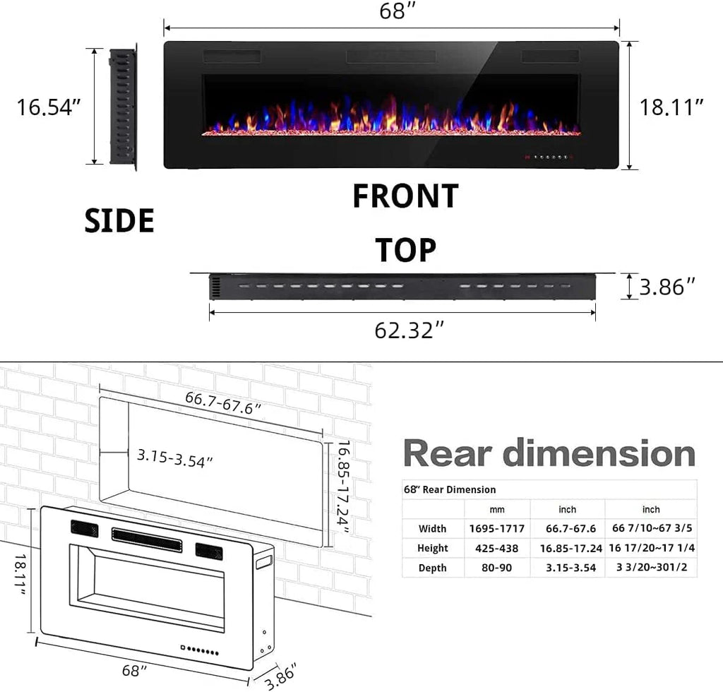 R.W.FLAME 60 Recessed and Wall Mounted Electric Fireplace, Low Noise, Fit for 2 x 6 Stud, Remote Control with Timer, Touch Screen, Adjustable Flame Color and Speed, 750-1500W