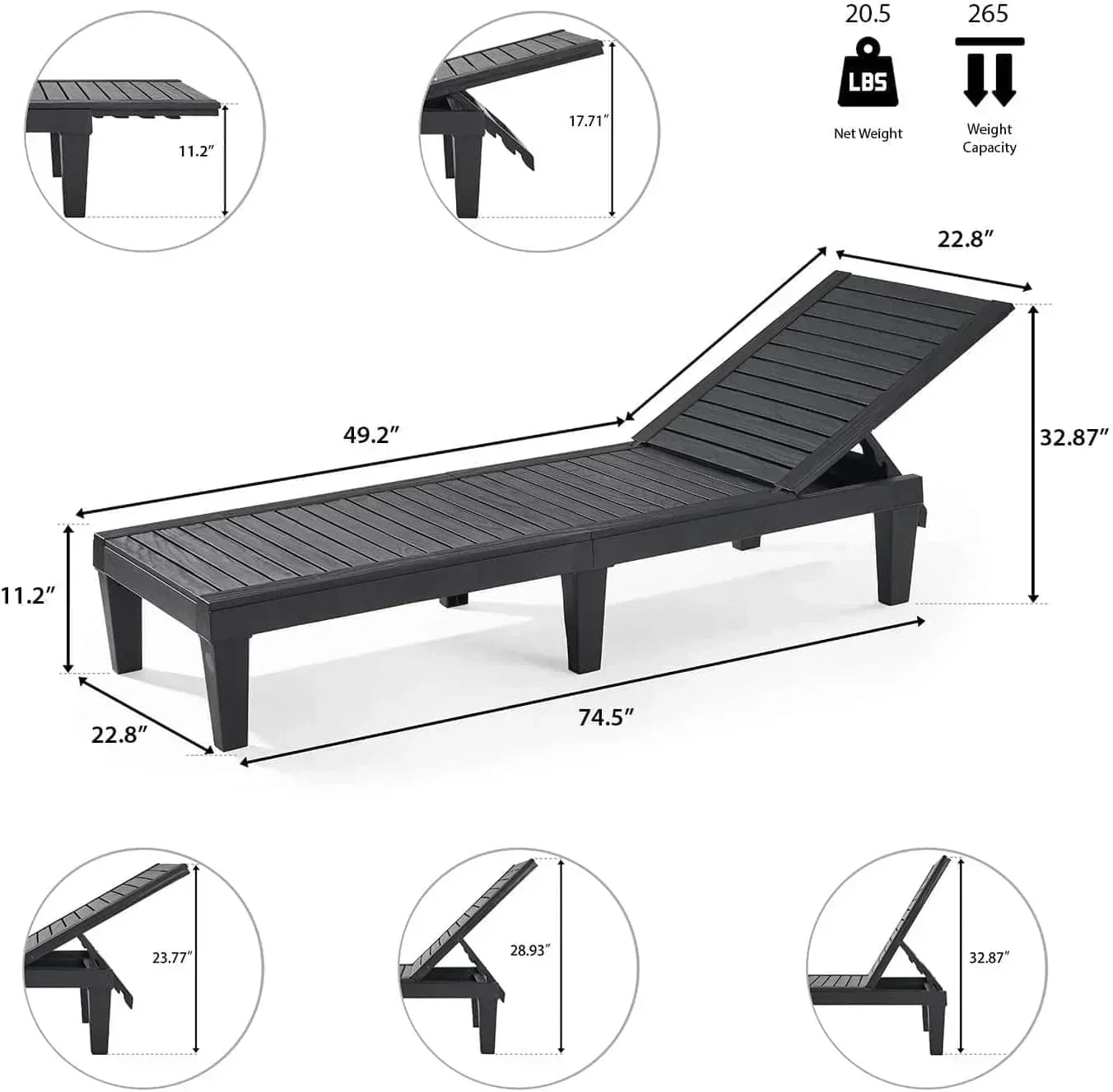 Patio Chairs Black Chaise Lounge Chair Outdoor 5-Position Adjustable Sun Tanning Chair