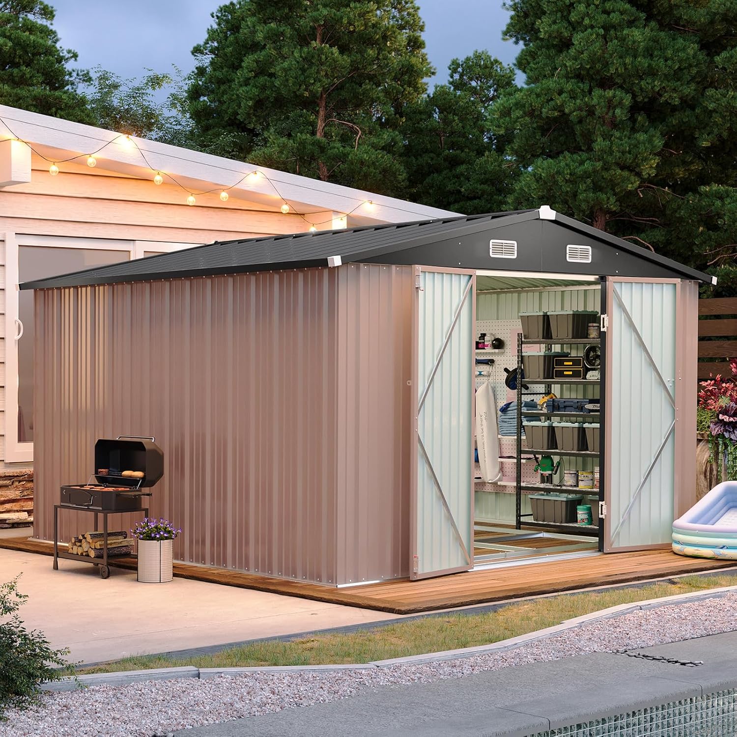 Aoxun 12x10 FT Shed Metal Outdoor Waterproof Storage Shed Steel Utility Garden Tool Shed with Door & Lock Outdoor Storage for Garden Patio Lawn Poolside, Brown