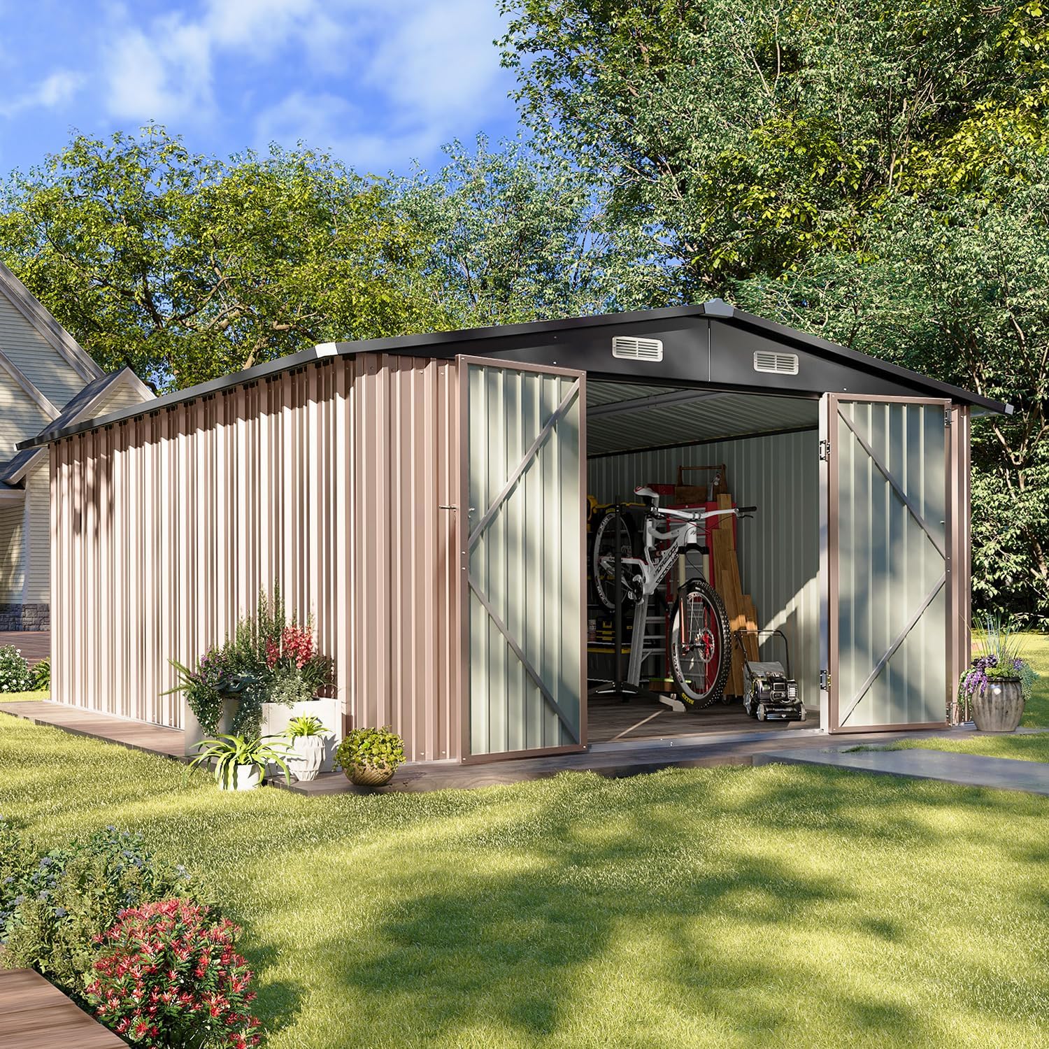 Aoxun 12x10 FT Shed Metal Outdoor Waterproof Storage Shed Steel Utility Garden Tool Shed with Door & Lock Outdoor Storage for Garden Patio Lawn Poolside, Brown