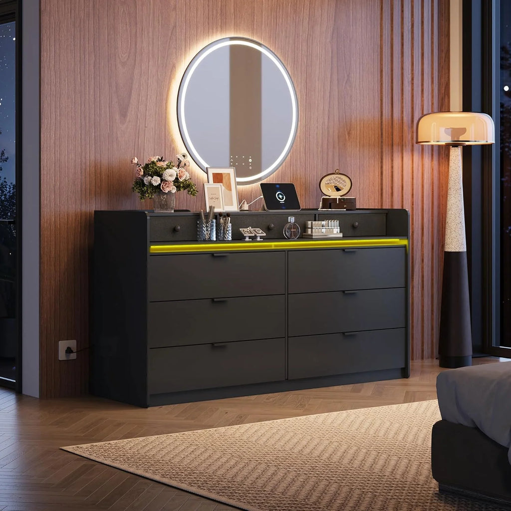 9 Drawer Led Dresser for Bedroom, 58.35'' Wide Wood Dresser Storage Organizer with Power Outlets for 65'' TV, Dressers with Open Shelves