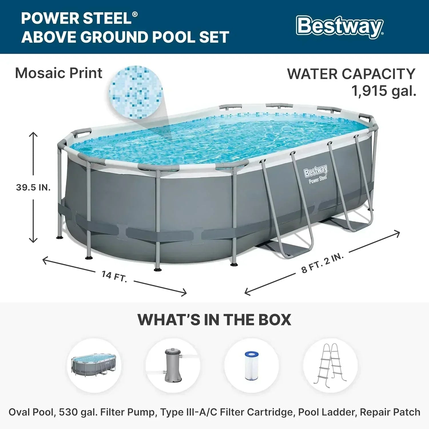 Power Steel 14' x 8'2 x 39.5 Oval Above Ground Pool Set Includes 530gal Filter Pump Ladder