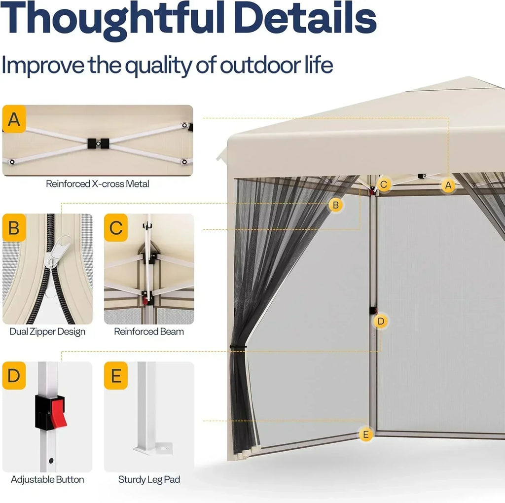 10x10ft Easy Pop-Up Canopy Outdoor Screen Tent with Mosquito Netting 2 Zipper Doors Roller Bag