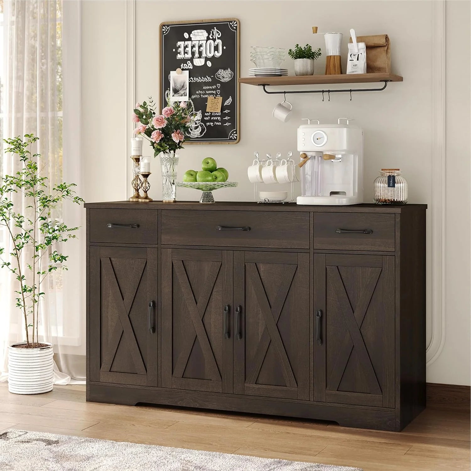 HOSTACK Buffet Cabinet with Drawers, 55 Large Sideboard Buffet Storage Cabinet with Shelves and Doors, Modern Farmhouse Coffee Bar Station Wood Kitchen Table for Kitchen, Dining Room, White/Rustic
