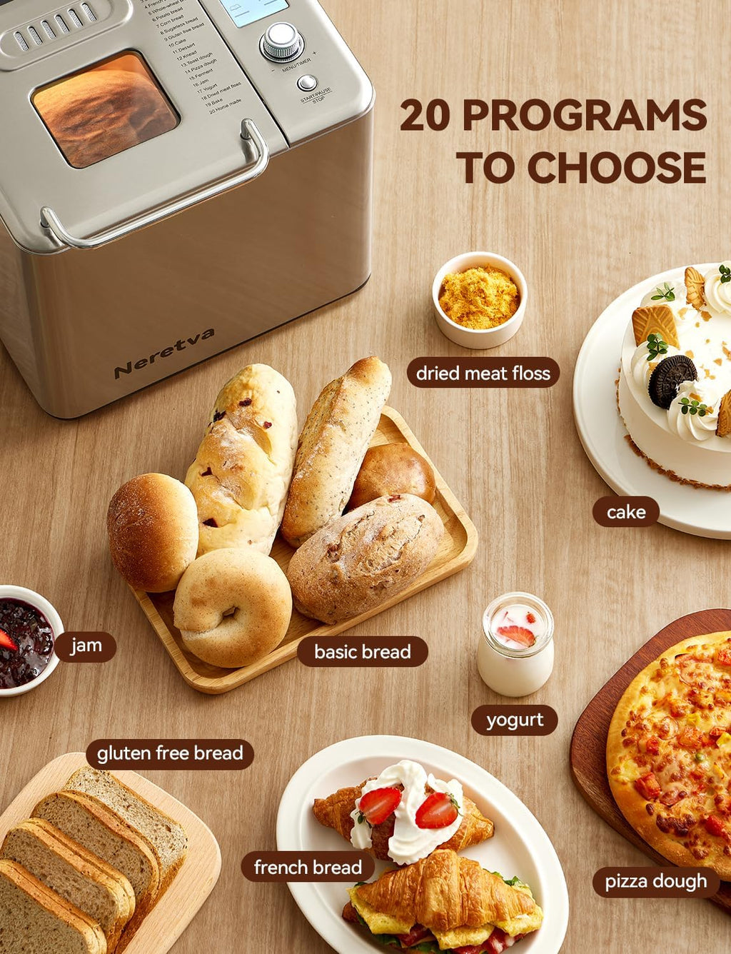 Neretva Bread Maker, 20-in-1 2LB Bread Maker Dual Heater Bread Maker Automatic with Non-Stick Ceramic Pan