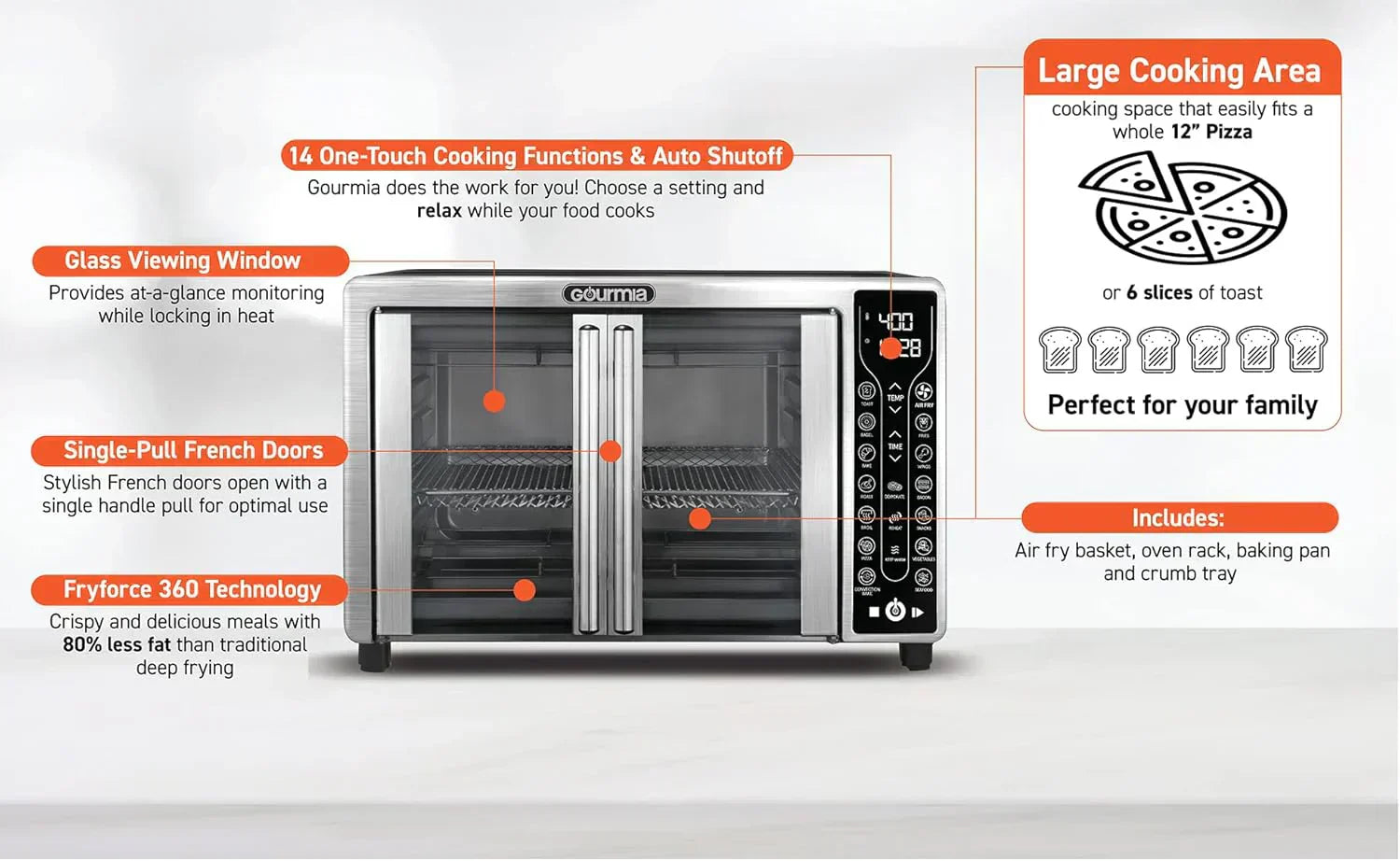 Gourmia Oven Air Fryer Combo with 17 Cooking Presets 24L Capacity Convection Rack