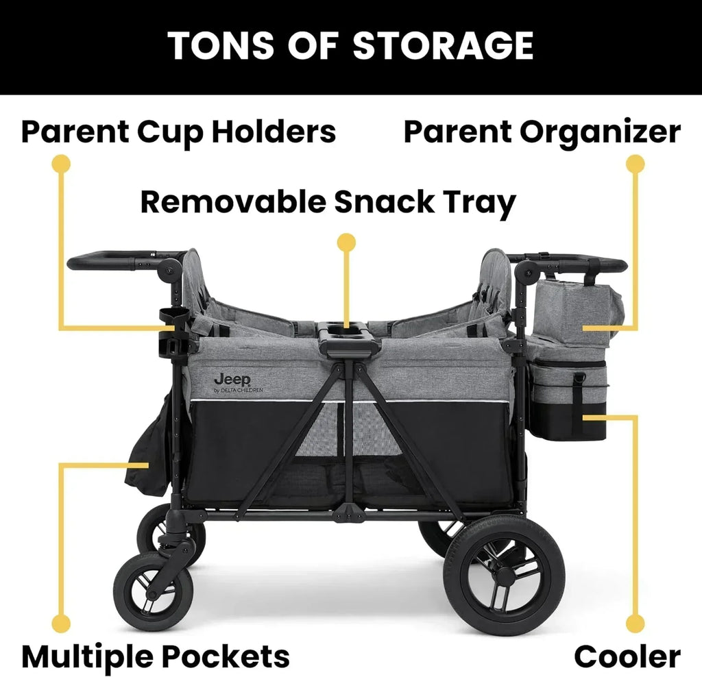 Jeep Wrangler Deluxe 4 Seater Stroller Wagon by Delta Children Premium Quad Stroller Wagon