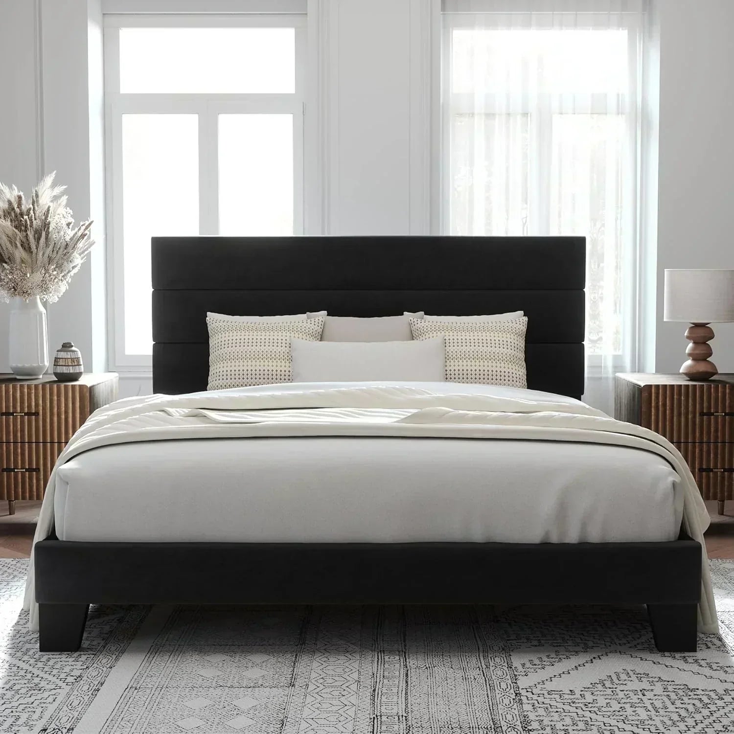 Allewie Queen Size Platform Bed Frame with Fabric Upholstered Headboard Wooden Slats Support