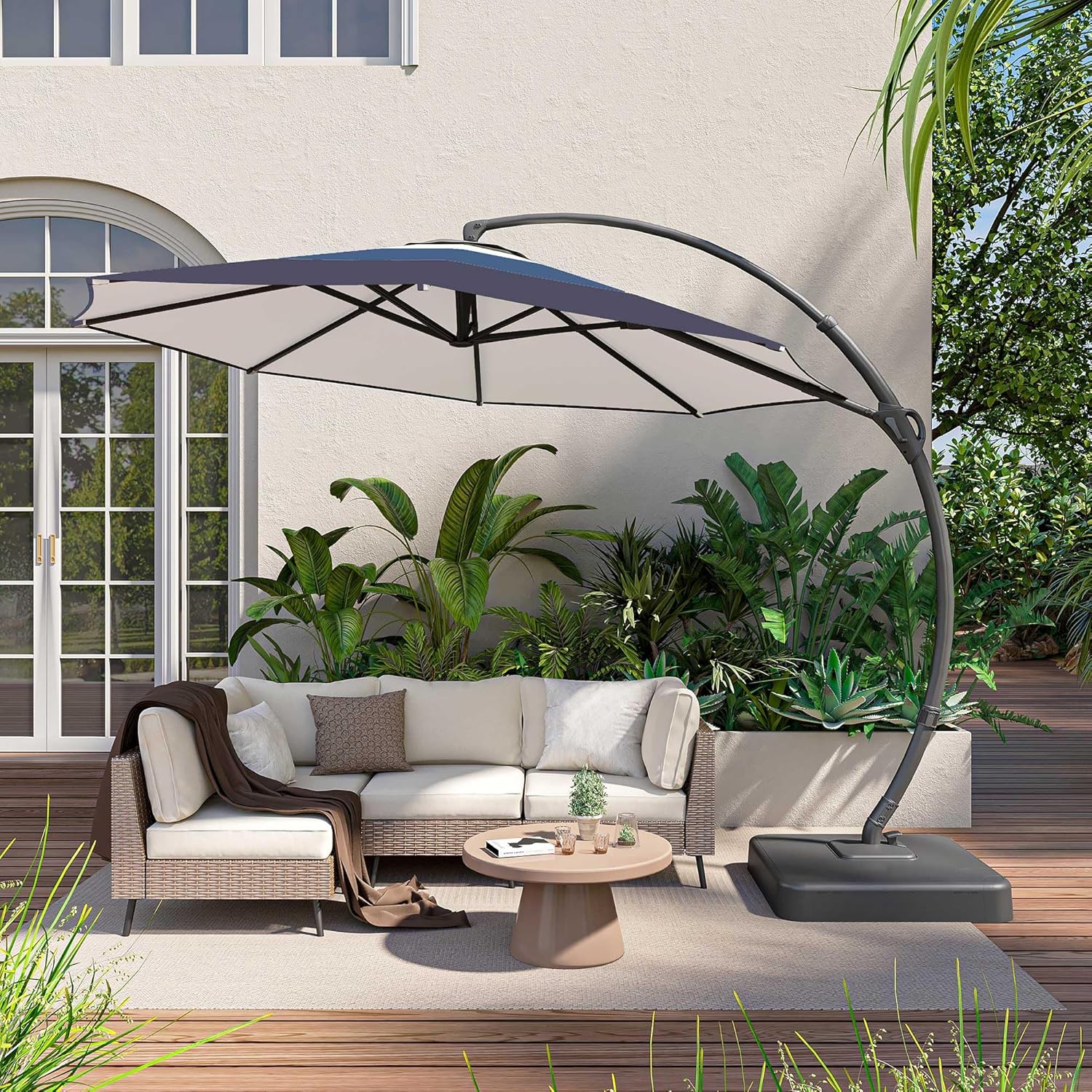 LAUSAINT HOME Outdoor Patio Umbrella with Base included, 11 FT Deluxe Curvy Cantilever Umbrella Heavy Duty Offset Hanging Umbrella with 360° Rotation for Market, Pool, Garden, Backyard, Deck (Beige)