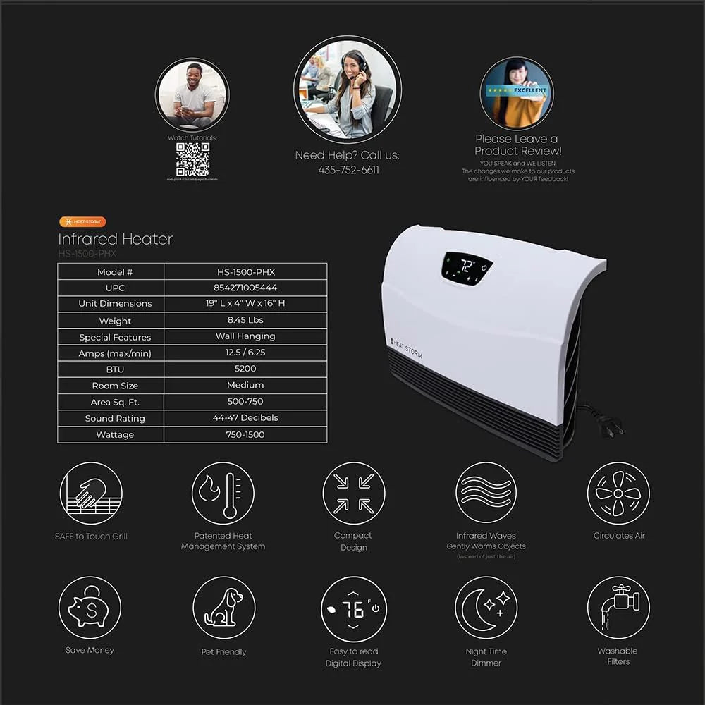 Heat Storm HS-1500-PHX-WIFI Infrared Heater, Wifi Wall Mounted