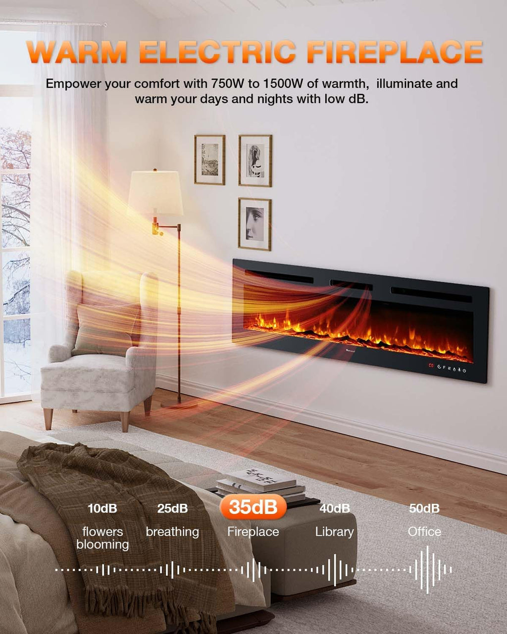 Electric Fireplace 60Inch Wall Mounted Electric Fireplace Heater with Timer Inserts TV Stand