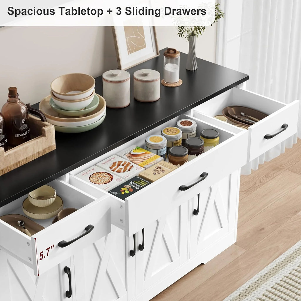 HOSTACK Buffet Cabinet with Drawers, 55 Large Sideboard Buffet Storage Cabinet with Shelves and Doors, Modern Farmhouse Coffee Bar Station Wood Kitchen Table for Kitchen, Dining Room, White/Rustic