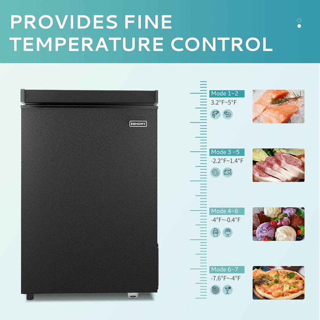 EUHOMY 3.5 Cu.Ft Chest Freezer with Removable Basket, Small Deep Freezer Adjustable 7 Thermostat, Quiet Mini Freezer Free-Standing Top Door, Energy Saving for Apartment/Garage/Basement/Dorm/Home,Black