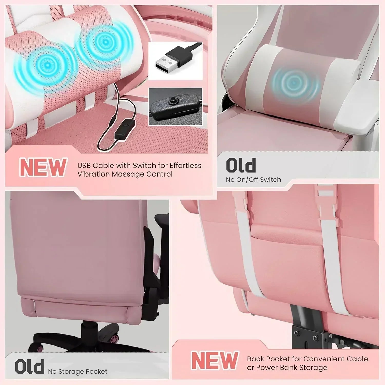 Gaming Chair with Massage Lumbar Support and Footrest Height Office Gaming Chair