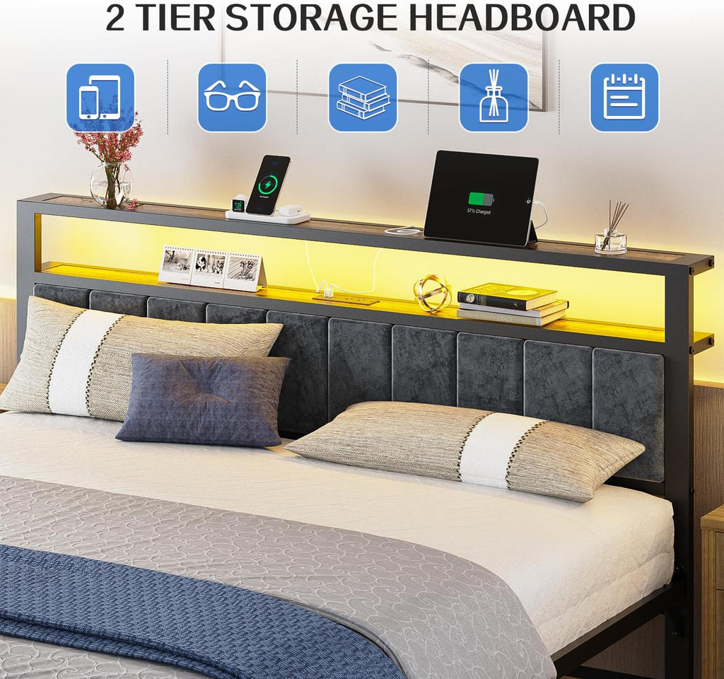 Queen Size Bed Frame with 2-Tier Storage Shelves Headboard Platform Bed Charging Station