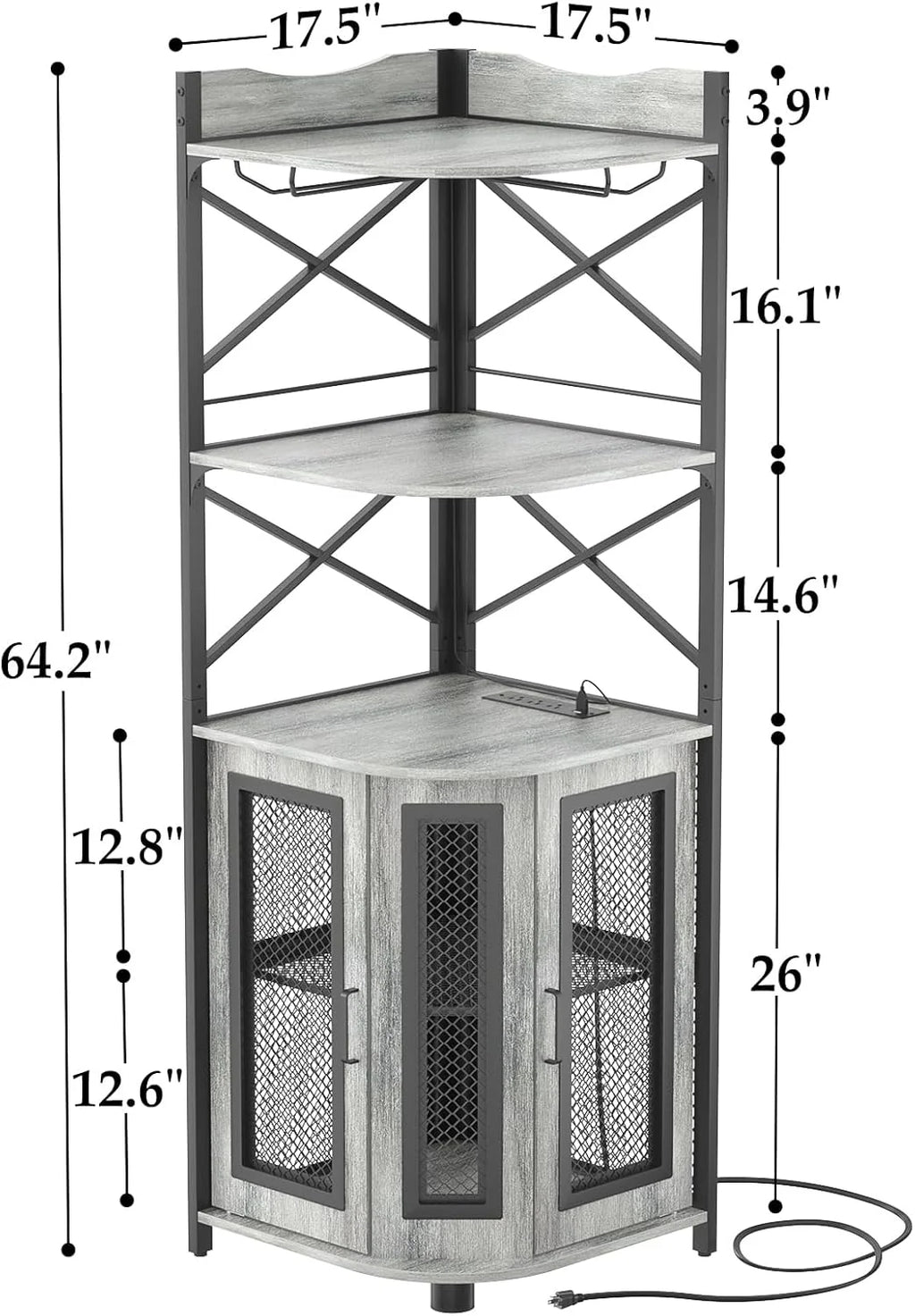 Aheaplus Corner Bar Cabinet with Power Outlet, Industrial Wine Cabinet with LED Strip and Glass Holder, 5-Tiers Liquor Cabinet Bar Unit for Home, Corner Display Cabinet for Small Space, White Oak