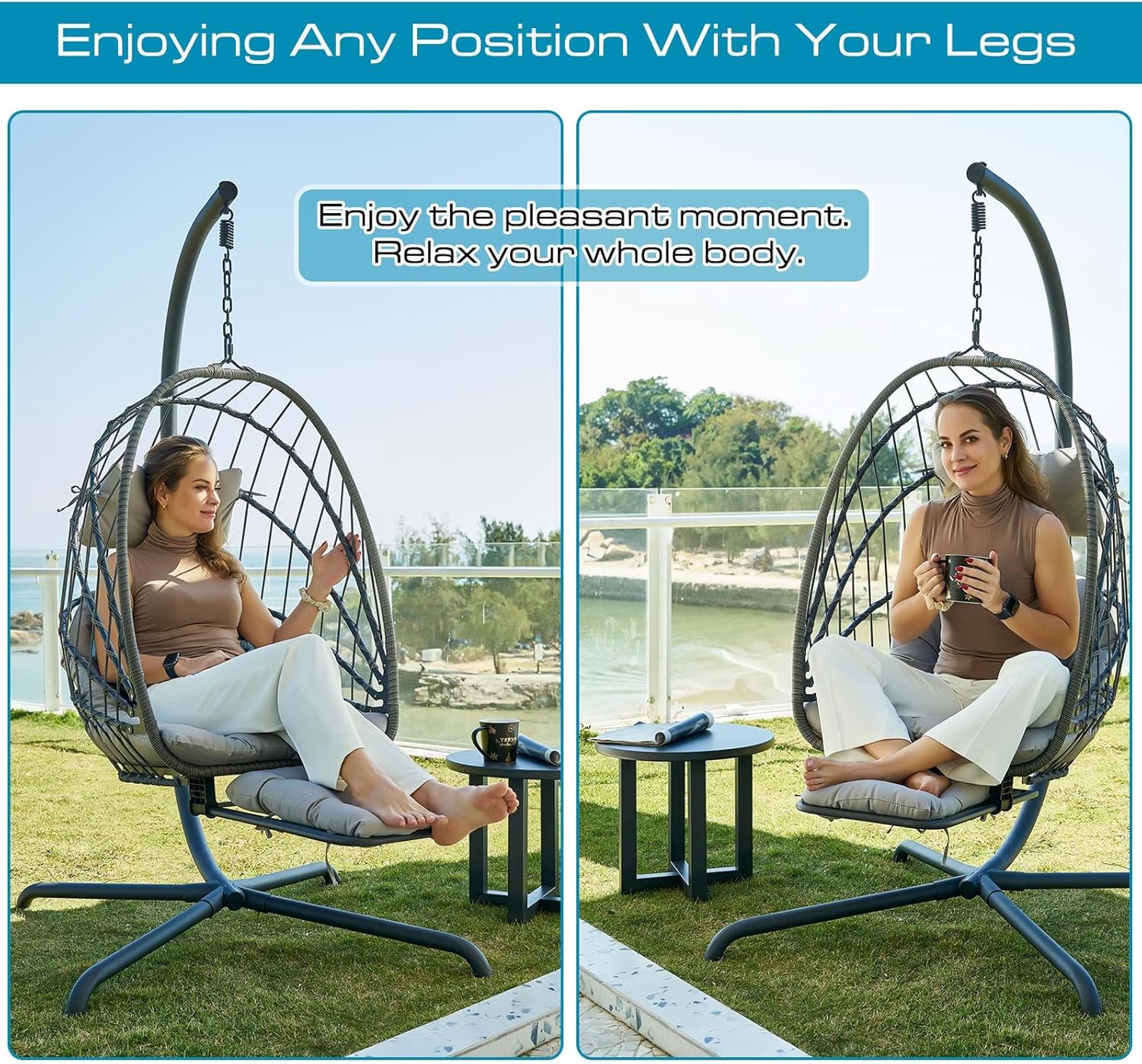 Hanging Egg Chair with Stand and Leg Rest Rattan Wicker Swing Hammock Chair UV-Resistant Cushion