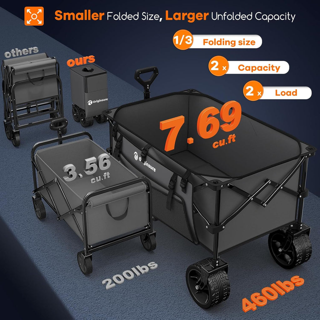 38 long foldable four-wheel stroller, foldable, 460 lb capacity, 220 liter heavy-duty folding beach stroller with large all-terrain tires