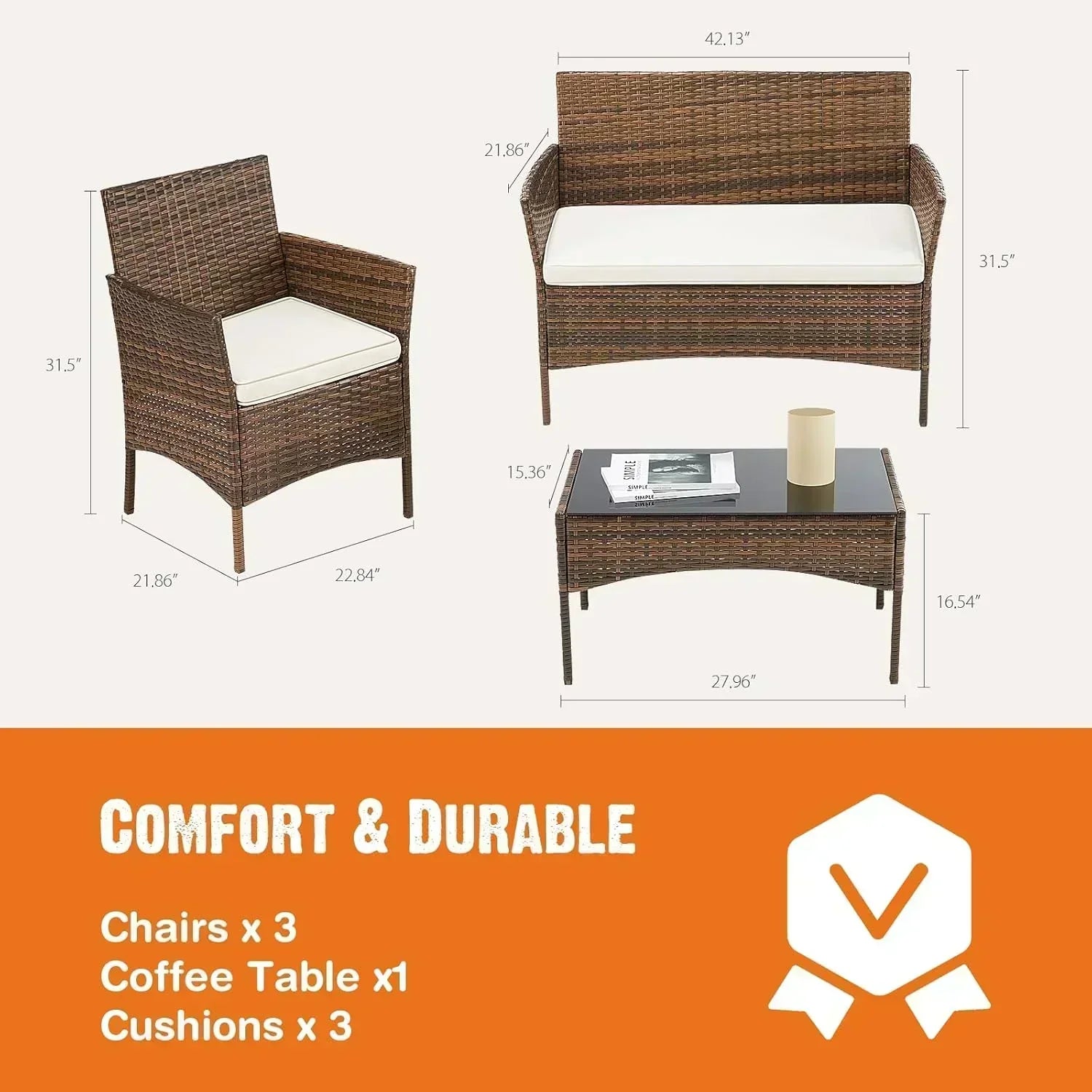 Sweetcripy Patio Furniture Set 3 Pieces Outdoor Furniture with Soft Cushion and Glass Table