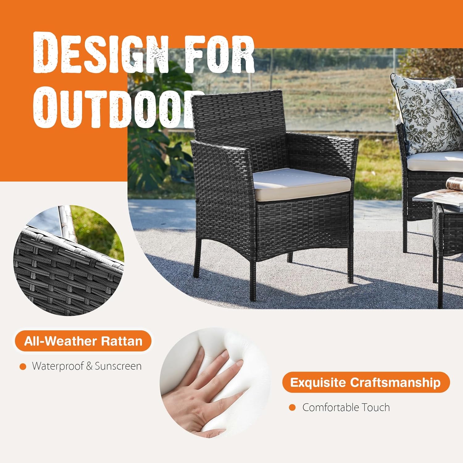 Sweetcripy Patio Furniture Set 3 Pieces, Outdoor Furniture with Soft Cushion and Glass Table, All Weather Manual Weaving Wicker Rattan Patio Chairs for Garden, Terrace, Porch(Black and Beige)