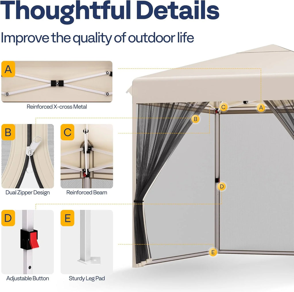 10x10ft Easy Pop-Up Canopy, Outdoor Screen Tent with Mosquito Netting, 2 Zipper Doors, and Roller Bag for Yard Camping Picnic Party Events, Beige